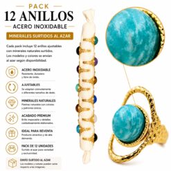 Pack de 12 Anillos Ajustables Modelo 5 de Acero Inoxidable Dorado con Minerales Naturales Surtidos