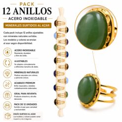 Pack de 12 Anillos Ajustables Modelo 6 de Acero Inoxidable Dorado con Minerales Naturales Surtidos