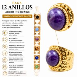 Pack de 12 Anillos Ajustables Modelo 7 de Acero Inoxidable Dorado con Minerales Naturales Surtidos