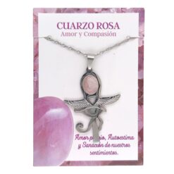 Collar Cruz Ankh Egipcia y Ojo de Horus de Acero Inoxidable Plateado con Cuarzo Rosa grande