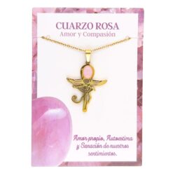 Collar Cruz Ankh Egipcia y Ojo de Horus de Acero Inoxidable Dorado con Cuarzo Rosa pequeña