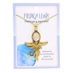 Collar Cruz Ankh Egipcia y Ojo de Horus de Acero Inoxidable Dorado con Piedra Luna grande