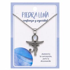Collar Cruz Ankh Egipcia y Ojo de Horus de Acero Inoxidable Plateado con Piedra Luna pequeña