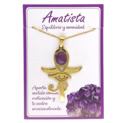 Collar Cruz Ankh Egipcia y Ojo de Horus de Acero Inoxidable Dorado con Amatista grande