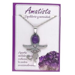 Collar Cruz Ankh Egipcia y Ojo de Horus de Acero Inoxidable Plateado con Amatista grande