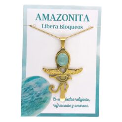 Collar Cruz Ankh Egipcia y Ojo de Horus de Acero Inoxidable Dorado con Amazonita grande