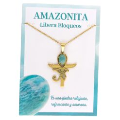 Collar Cruz Ankh Egipcia y Ojo de Horus de Acero Inoxidable Dorado con Amazonita pequeña