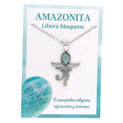 Collar Cruz Ankh Egipcia y Ojo de Horus de Acero Inoxidable Plateado con Amazonita pequeña