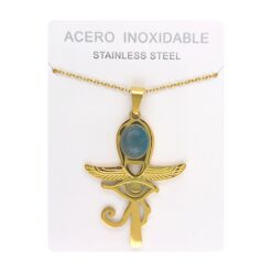 Collar Cruz Ankh Egipcia y Ojo de Horus de Acero Inoxidable Dorado con Apatita grande
