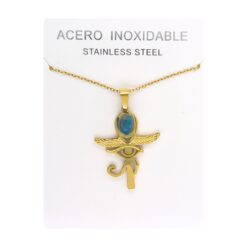 Collar Cruz Ankh Egipcia y Ojo de Horus de Acero Inoxidable Dorado con Apatita pequeña