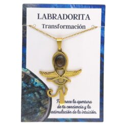 Collar Cruz Ankh Egipcia y Ojo de Horus de Acero Inoxidable Dorado con Labradorita grande