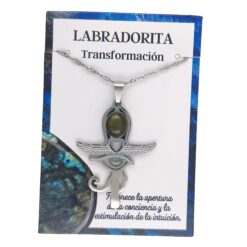 Collar Cruz Ankh Egipcia y Ojo de Horus de Acero Inoxidable Plateado con Labradorita grande