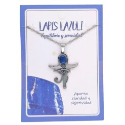 Collar Cruz Ankh Egipcia y Ojo de Horus de Acero Inoxidable Plateado con Lapislázuli pequeña