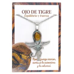 Collar Cruz Ankh Egipcia y Ojo de Horus de Acero Inoxidable Plateado con Ojo de Tigre grande