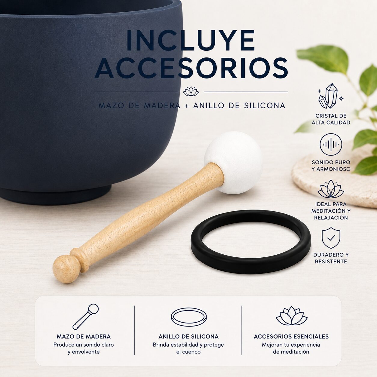 Cuenco Tibetano de Cuarzo Azul Negro 10" Nota La Chakra Tercer Ojo con Baqueta - Imagen 3