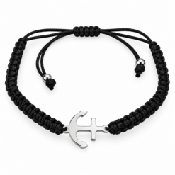 Pulsera Tejida Negro con Ancla Liso Plateado – Ajustable
