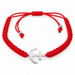 Pulsera Tejida Roja con Ancla Liso Plateado – Ajustable