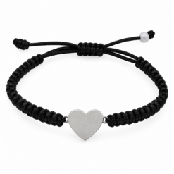 Pulsera Tejida Negro con Corazón Liso Plateado – Ajustable