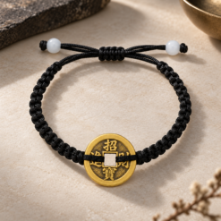 Alternative view of Pulsera Tejida Moneda Cobre Feng Shui - Negra