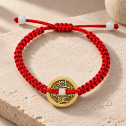 Alternative view of Pulsera Tejida Moneda Cobre Feng Shui - Roja