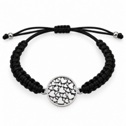 Pulsera Tejida Negra Circulo Corazones Plateado – Ajustable