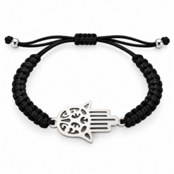 Pulsera Tejida Negra Mano de Fátima Acero Plateado – Ajustable