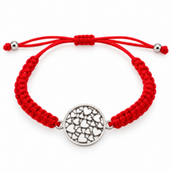 Pulsera Tejida Roja Circulo Corazones Plateado – Ajustable
