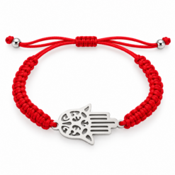 Pulsera Tejida Roja Mano de Fátima Plateado – Ajustable